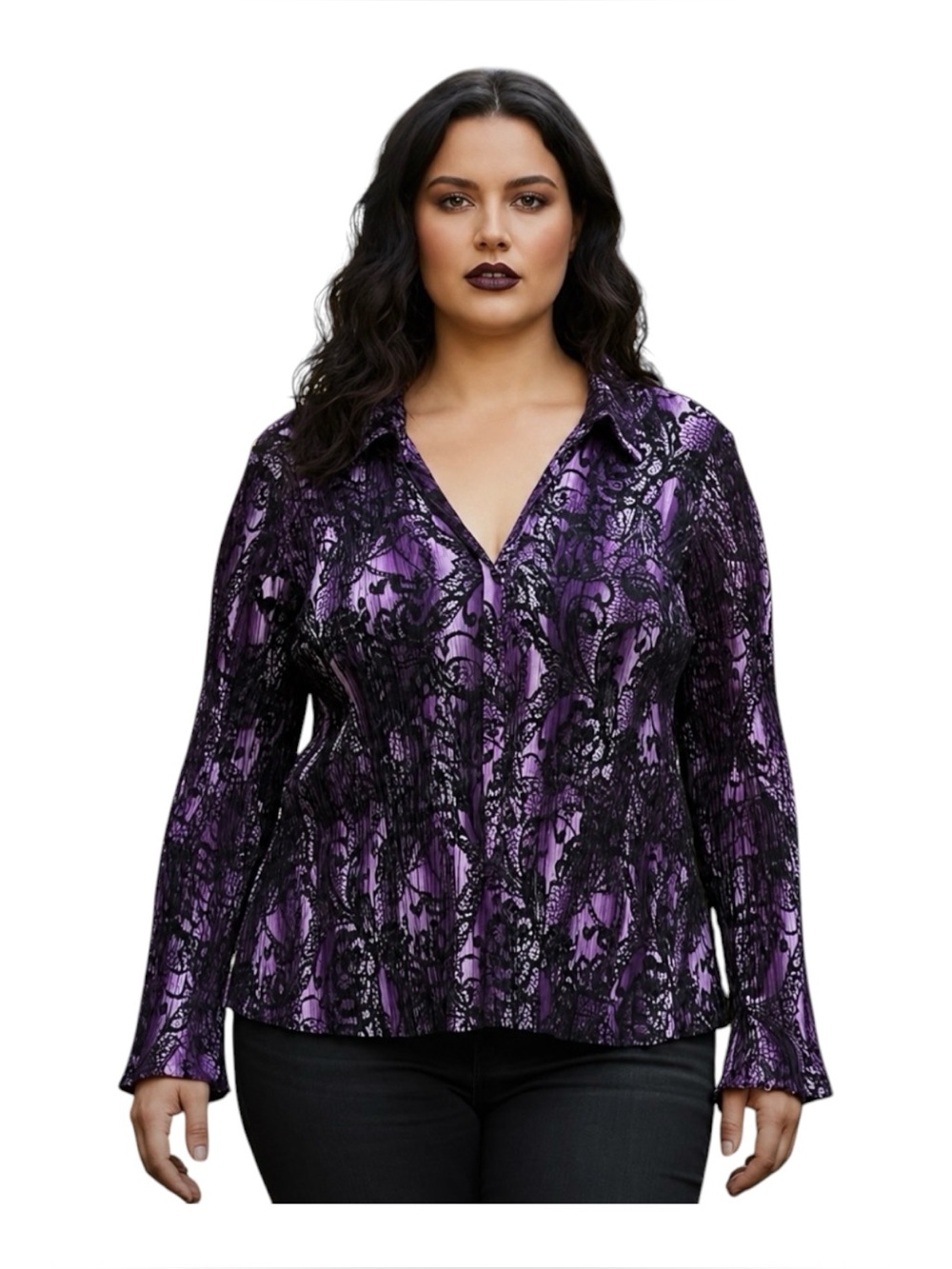 Y2K Pleated Button Up Top Size 3X Purple Black Lace Print Whimsygoth Bell Sleeve